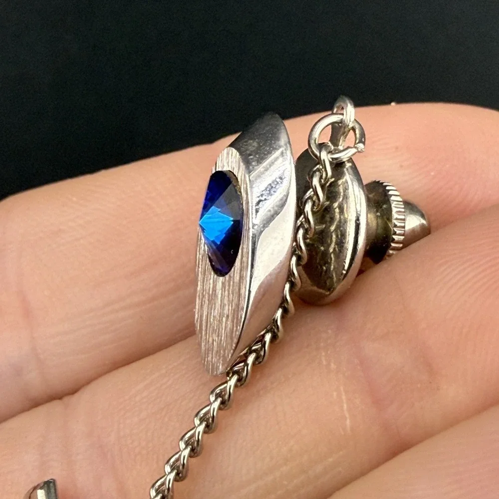 Vintage‎ Cuff Links Blue Rhinestone Silver Tone